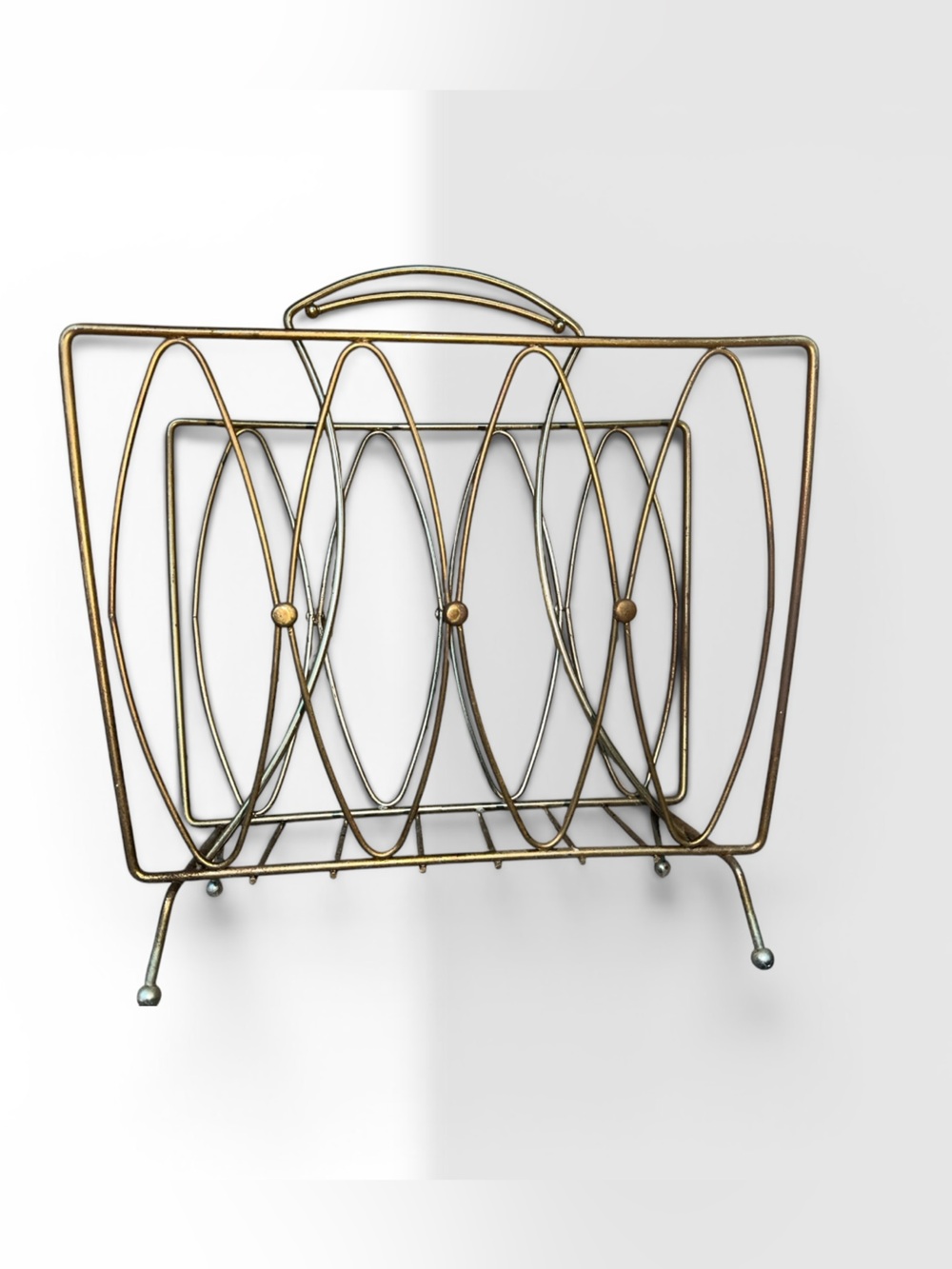 Vintage Mid-Century Modern Brass Wire Magazine Rack | 1950s–60s Atomic Era
